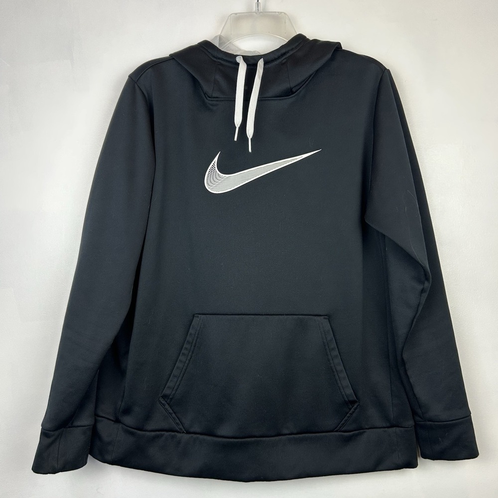 Nike Sweatshirt Hoodie Mens L Funnel Neck Swoosh Logo Black Polyester Dri Fit